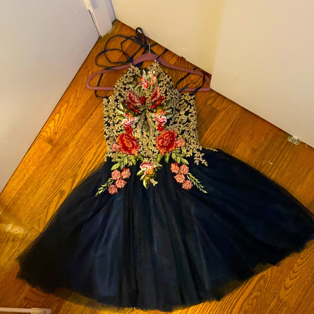Navy Blue Brocade Ballet-style Dress